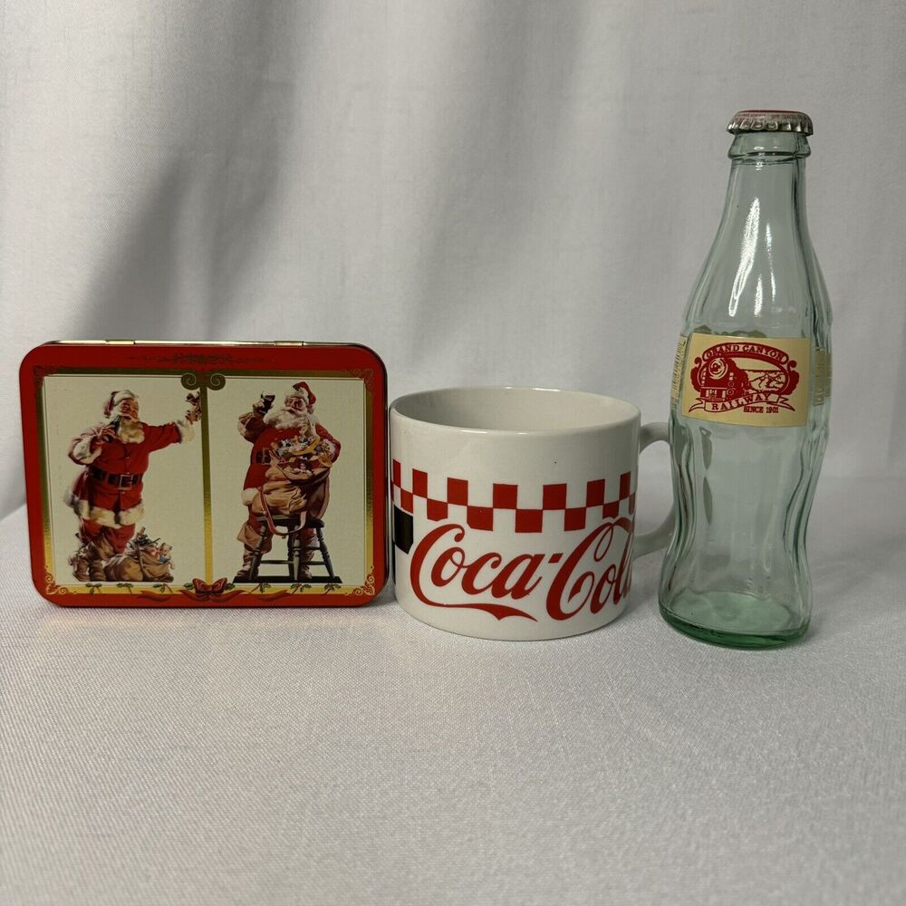 Vintage Coca Cola Collectibles Lot, Card Case, Grand Canyon Bottle, Checkers Mug